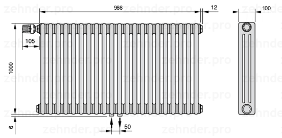 Схема (чертеж) Радиатор Zehnder Charleston 3100/21 №V007 Белый глянцевый RAL 9016
